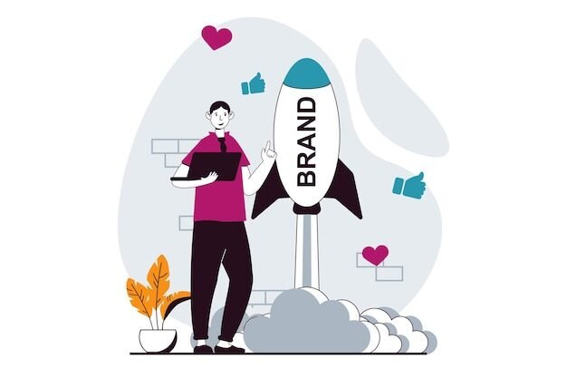 Branding team concept with people scene in flat design for web Man working with promotion new company and launching startup project Vector illustration for social media banner marketing material